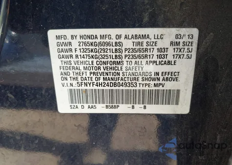 2013 Honda Pilot Lx from USA, damaged, VIN 5FNYF4H24DB049353